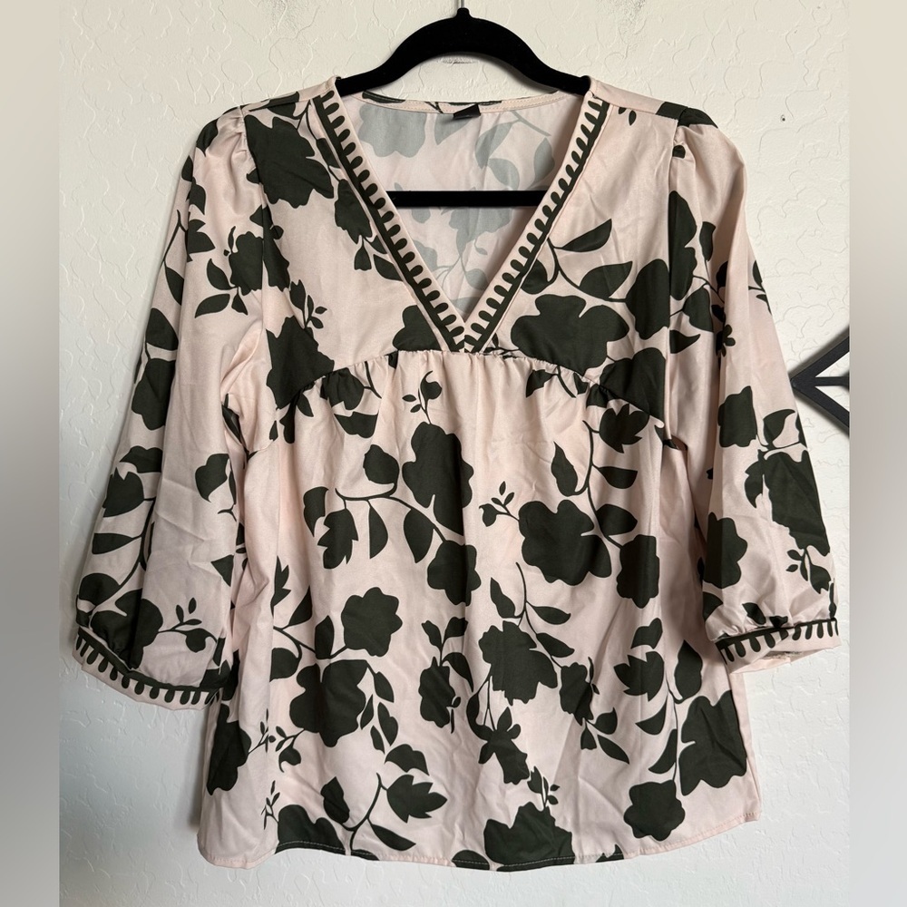 SHEIN Cream Boho Peasant Tunic with Green Floral Print - Medium